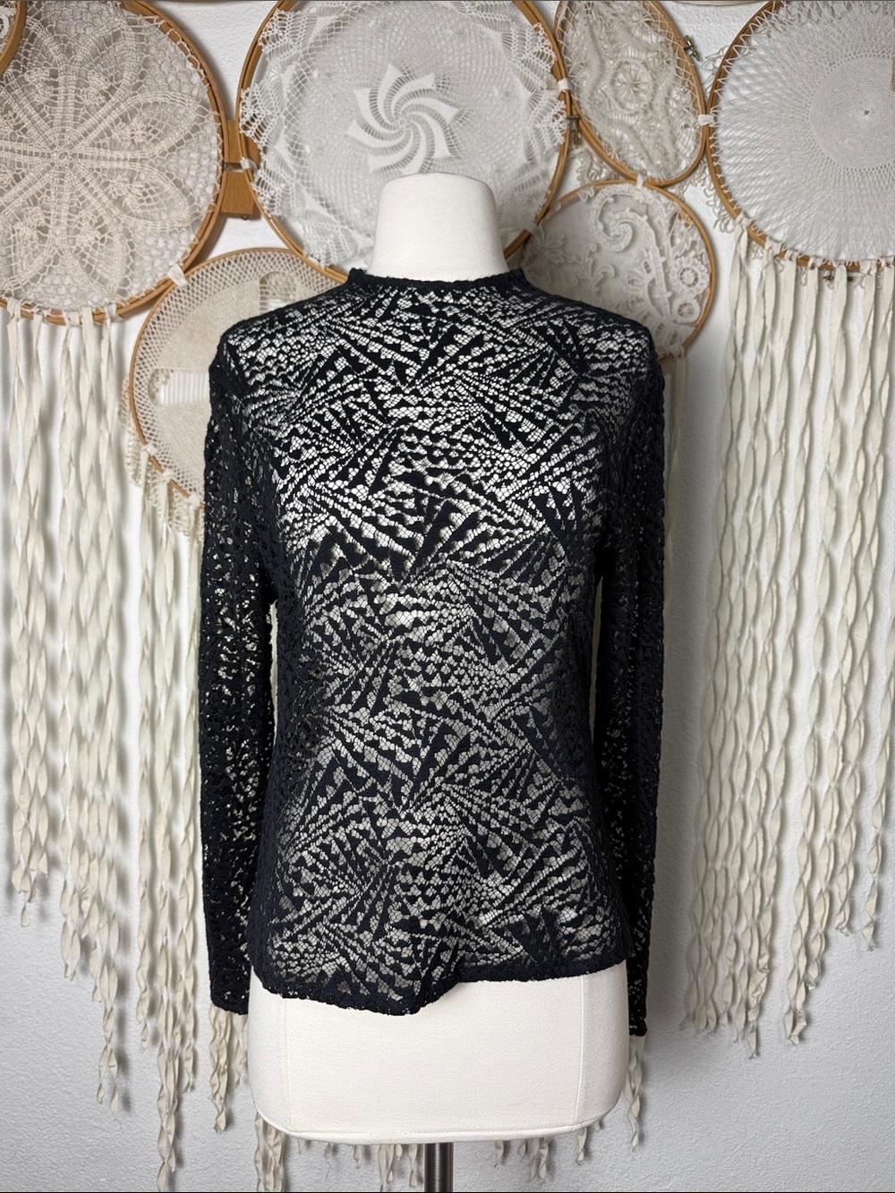Vintage Approx 1990 Thierry Mugler Sheer Lace Long Sleeve Snap Back Top Size 40